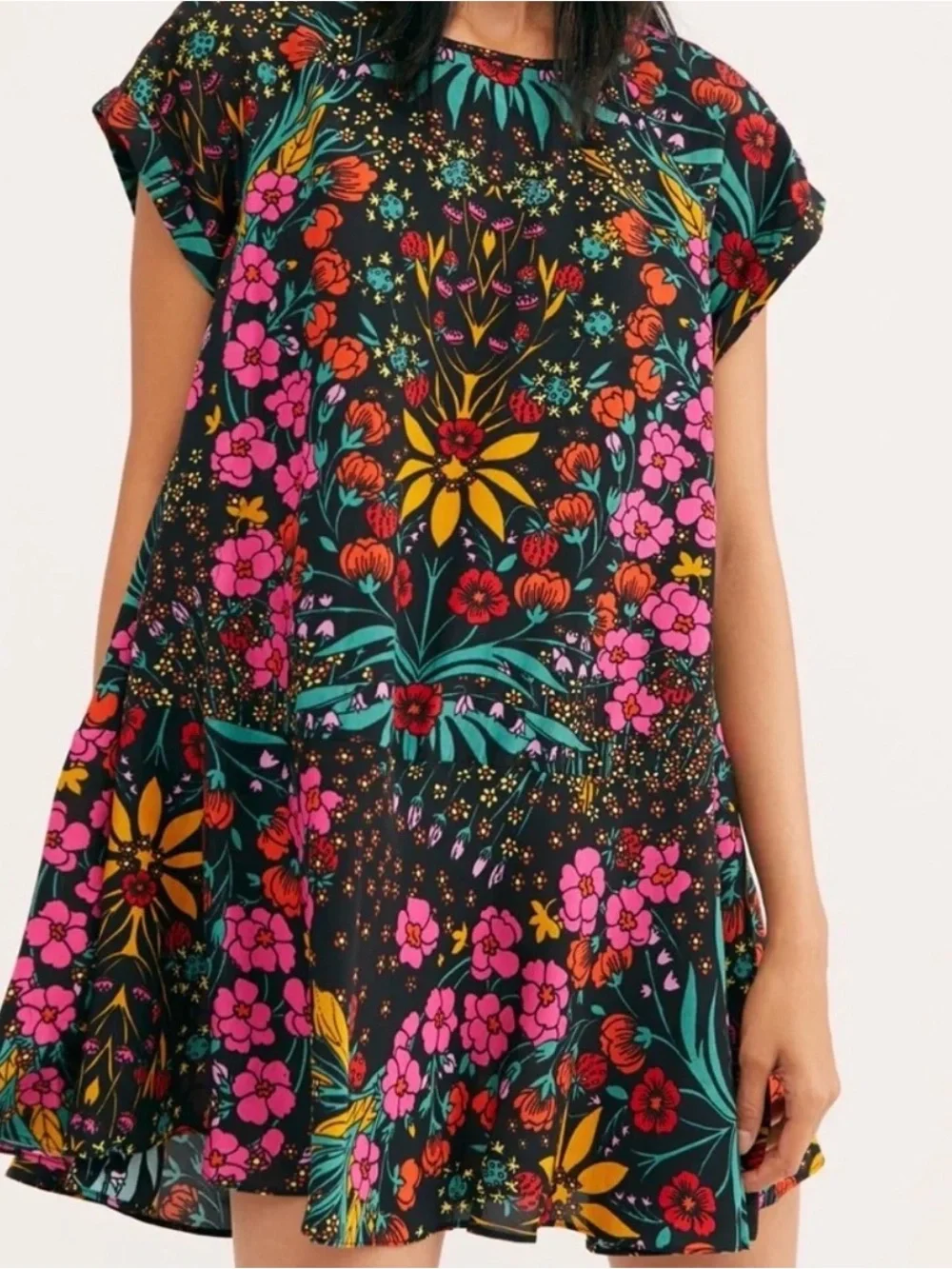 Free People strawberry fields mini swing dress w/Pink, teal and yellow Accents,